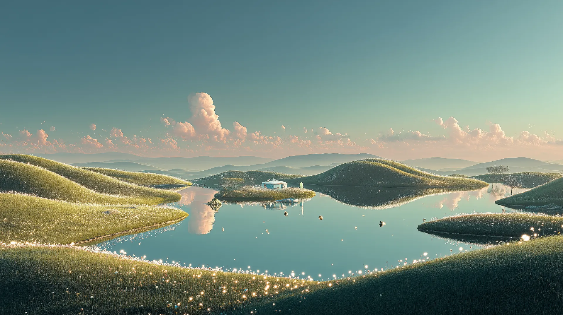 Serene coastal path with wildflowers and starry sky